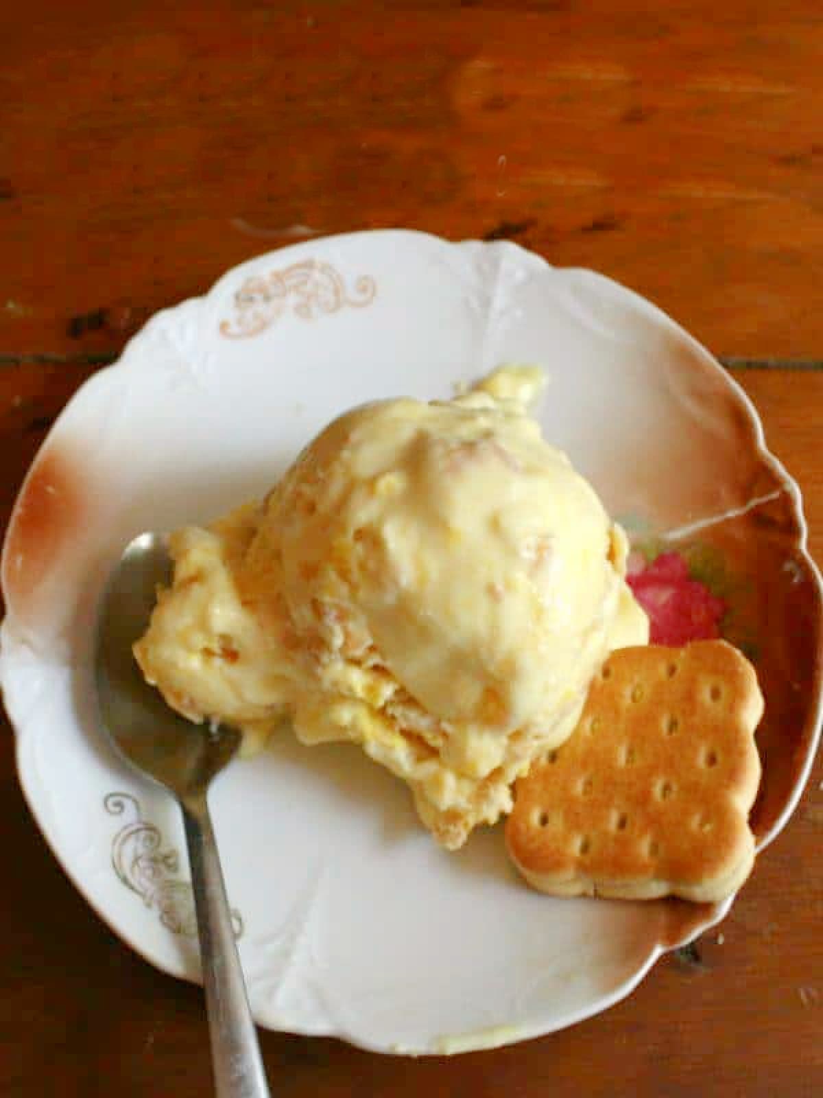 Overhead view of ice cream on a plate.