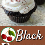 Chocolate cupcakes with whipped cream and a cherry on top on a plate with a text overlay for Pinterest.