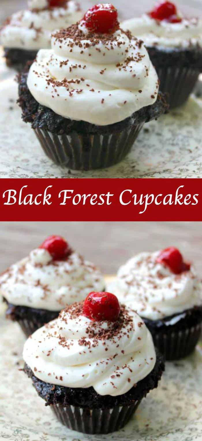 Perfect homemade chocolate cupcakes filled with a sweet cherry pie filling and topped with whipped cream - these Black Forest cupcakes are so easy to make! Kirsch adds more cherry flavor to the moist cake while a unique ingredient makes the filling really pop! A from scratch recipe you'll make often! #blackforest #piefillings #Chocolatecherry