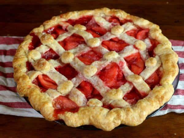 A whole pie that allows the reader to see the lattice crust.