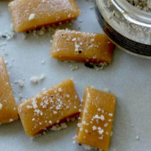 Closeup of the caramels showing the sea salt on tip.