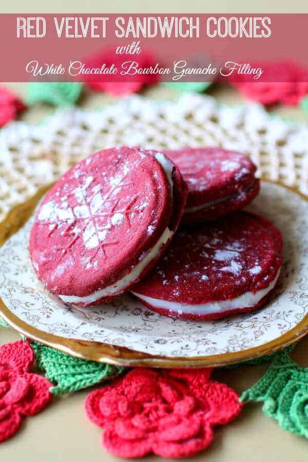 Red Velvet Sandwich Cookie recipe combines crunchy red velvet sugar cookies with a white chocolate bourbon ganache. From RestlessChipotle.com