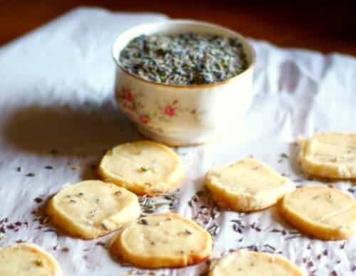 Closeup of the lavender shortbread cookies with a bowl of lavender buds nearby.