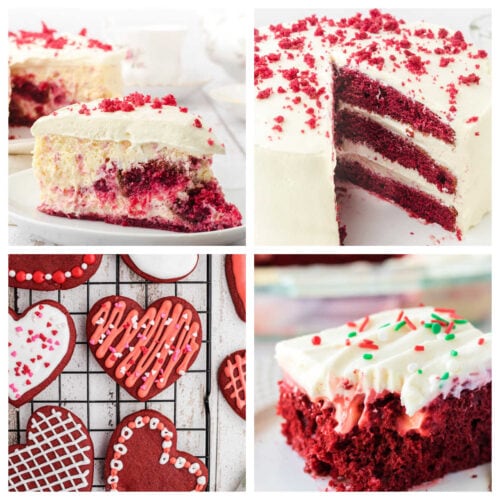 A collage of red velvet dessert images for the featured image.