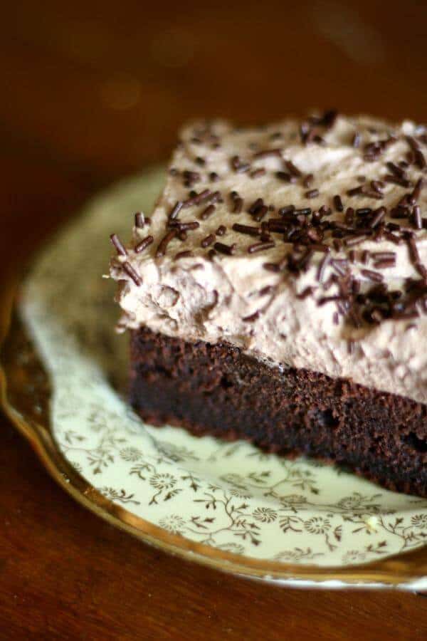 Closeup of a square of chocolate sheet cake with chocolate sprinkles.