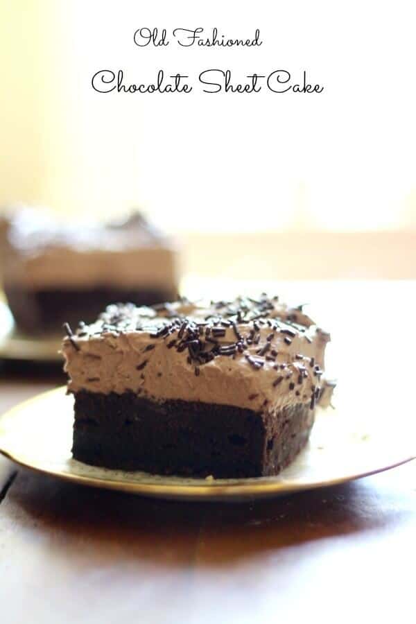 A square of chocolate cake with thick chocolate frosting with a title text overlay.