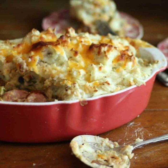 This smoked sausage shepherds pie is so unbelievably good! From RestlessChipotle.com