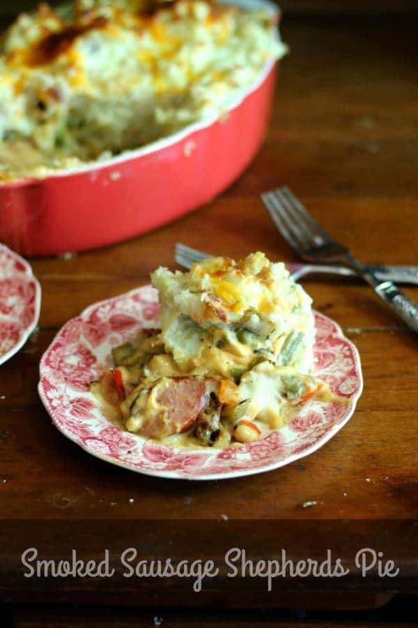 Smoked sausage shepherds pie is easy to make and filled with smoked sausage, peppers, and a cheesy sauce under a mashed potato topping. YUM!!! From RestlessChipotle.com