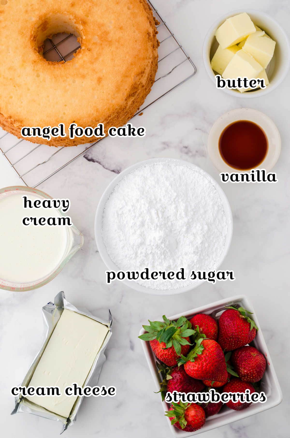 Labeled ingredients for the strawberry angel food cake.