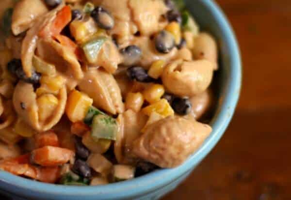 overhead vies of pasta salad showing all the ingredients.