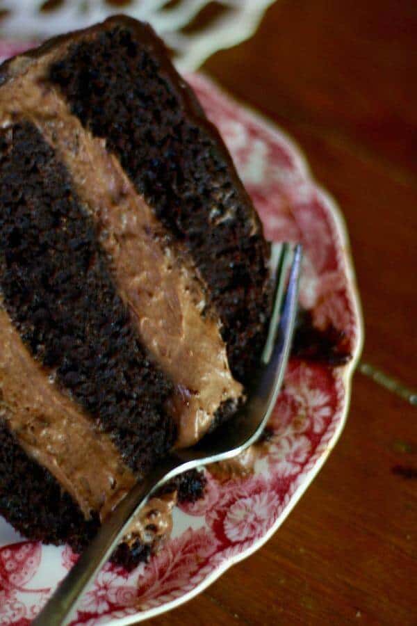 The creamy filling in this chocolate shadow cake has a pop of chile heat. From RestlessChipotle.com