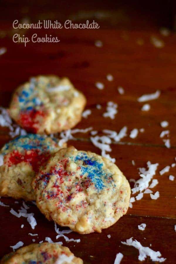 Coconut white chocolate chip cookies are chewy and rich - just right for summer snacking. From RestlessChipotle.com