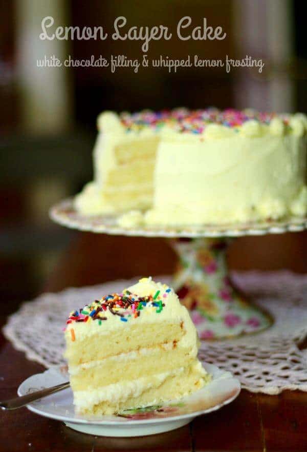 This lemon layer cake is filled with white chocolate ganache -- SO yummy! From RestlessChipotle.com