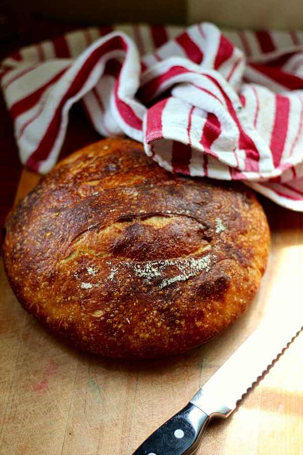 Golden brown loaf of sourdough with a crispy crust.