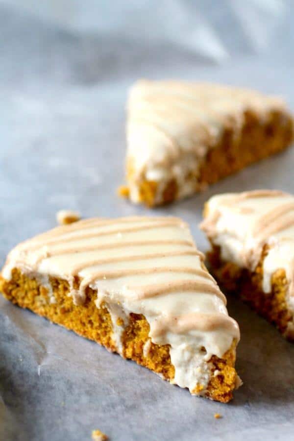 Closeup of the glaze on pumpkin scones.