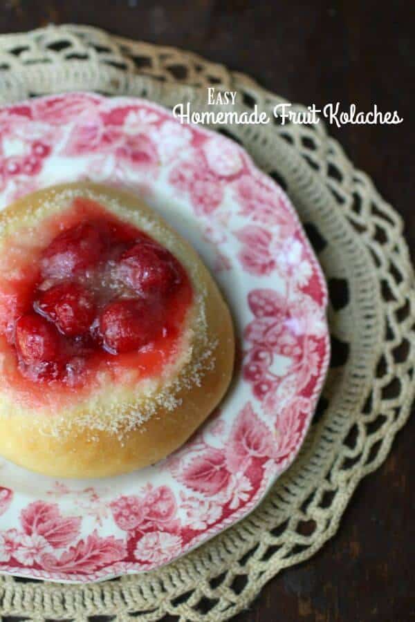 Cherry kolache on a red and white plate - title text overlay