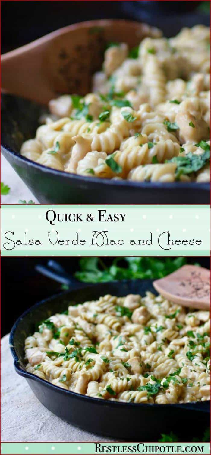 Your family will love this quick and easy mac and cheese recipe. A Tex-Mex skillet dinner, Salsa Verde Chicken Mac and Cheese recipe is ready in minutes.