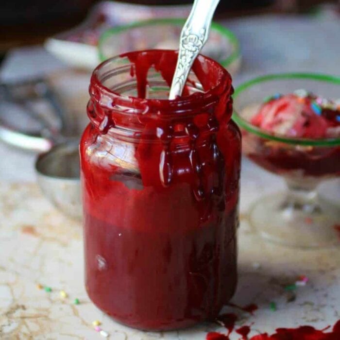 Jar of red velvet fudge sauce