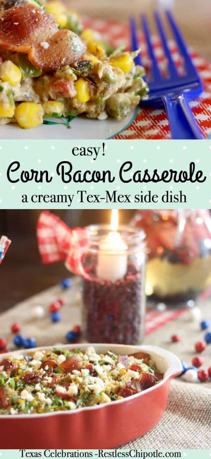This easy corn bacon casserole recipe comes together fast and can be made ahead. Cream cheese and smoky bacon are the secret to this yummy Tex-Mex side dish. From RestlessChipotle.com