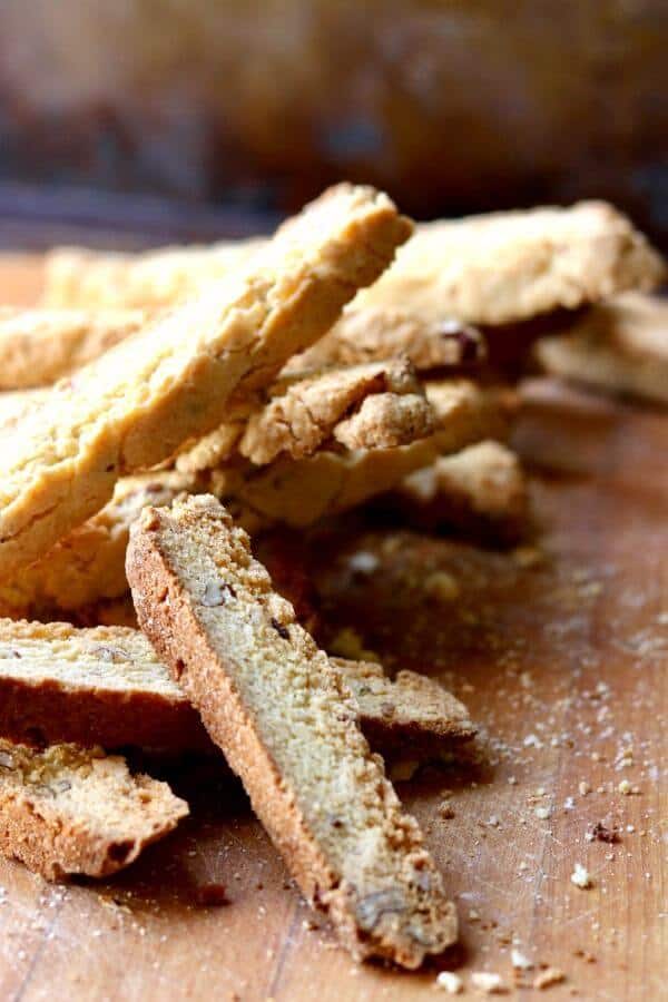 A stack of biscotti on a table.