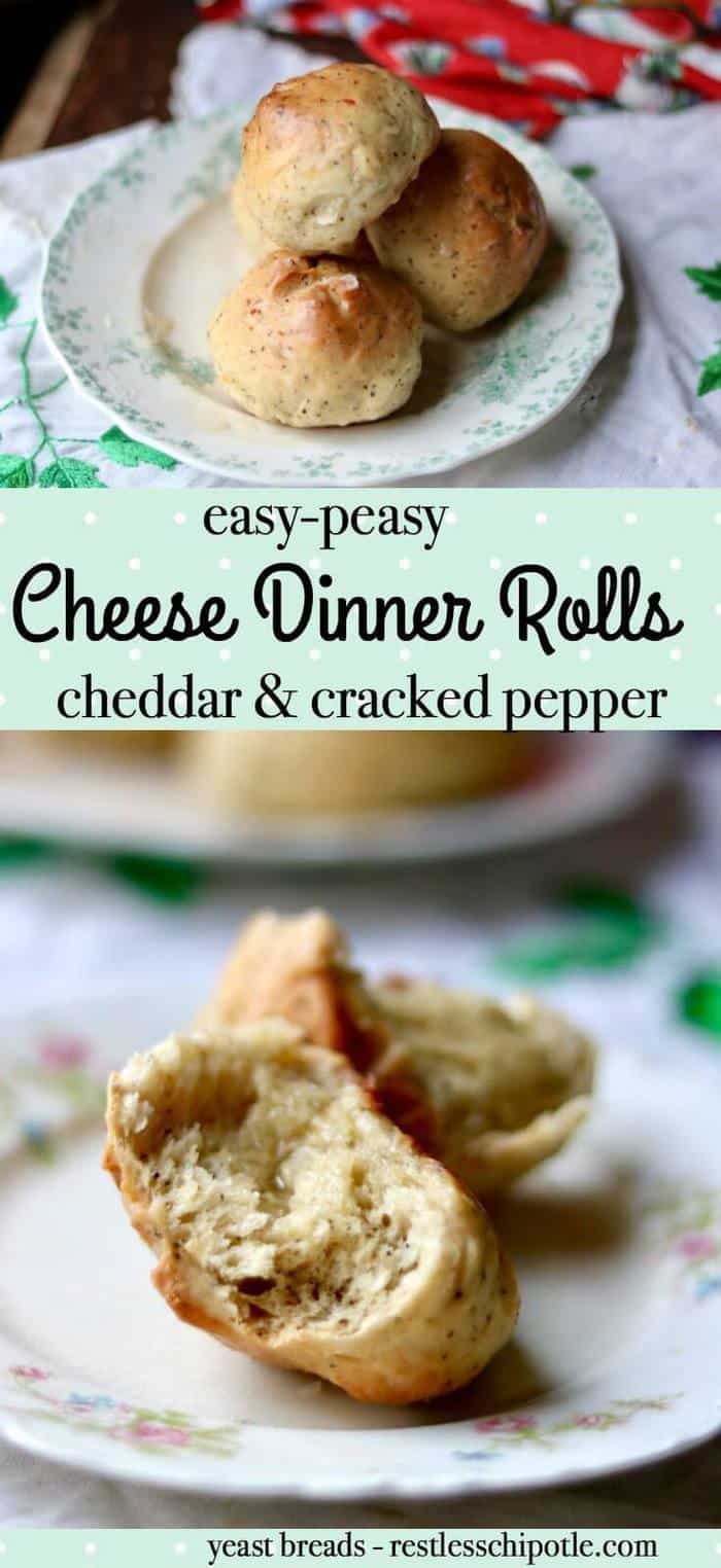 Easy cheese dinner rolls recipe is a family favorite. These yeast rolls are full of Cheddar and black pepper so they stand up well to highly flavored stews and soups. Great with salads, too! From RestlessChipotle.com