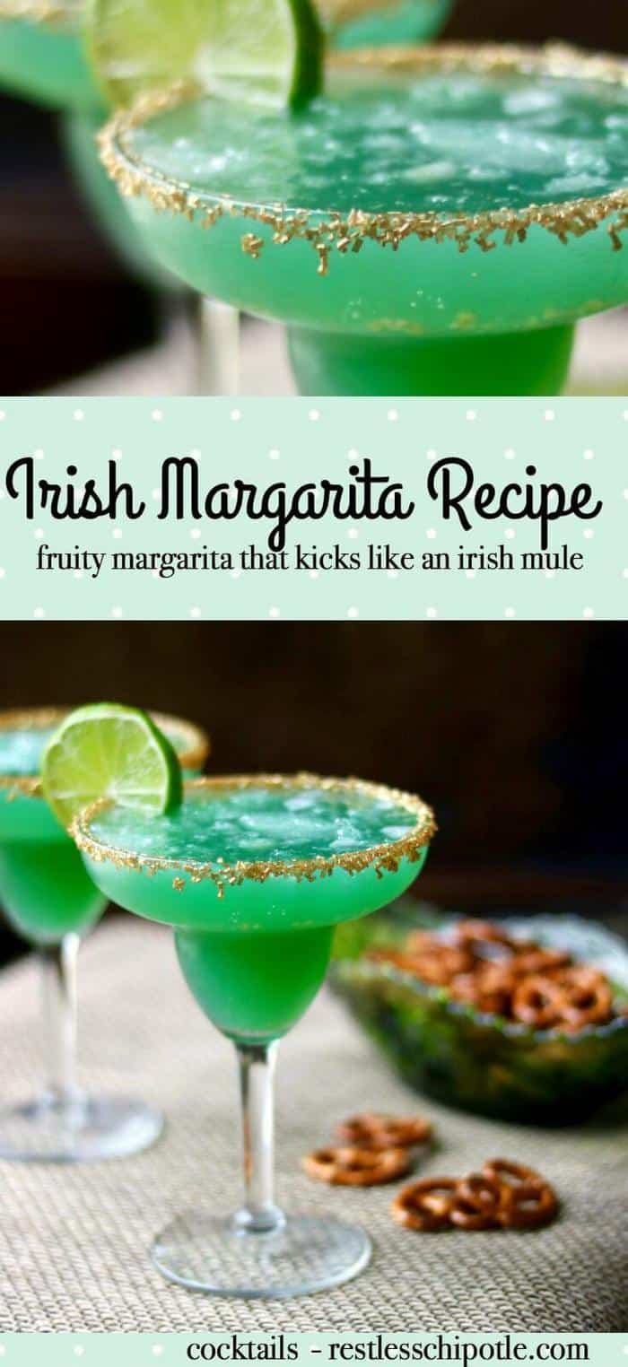 The perfect green cocktail for St Patrick's Day!Irish margarita recipe is made with tequila, Irish whiskey, and pineapple juice - a fruity drink with a kick like an Irish mule! So good! From RestlessChipotle.com