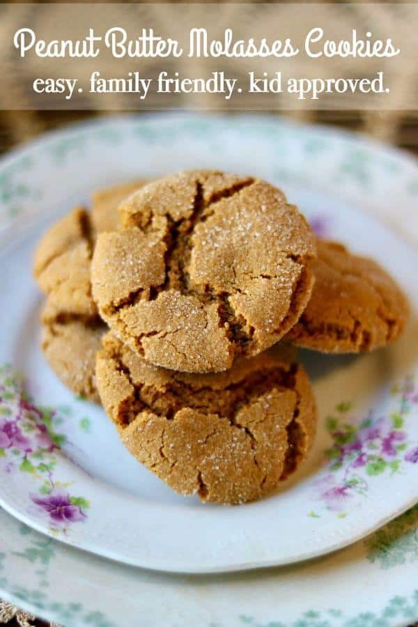Close up of crinkly peanut butter cookies with a title text overlay.