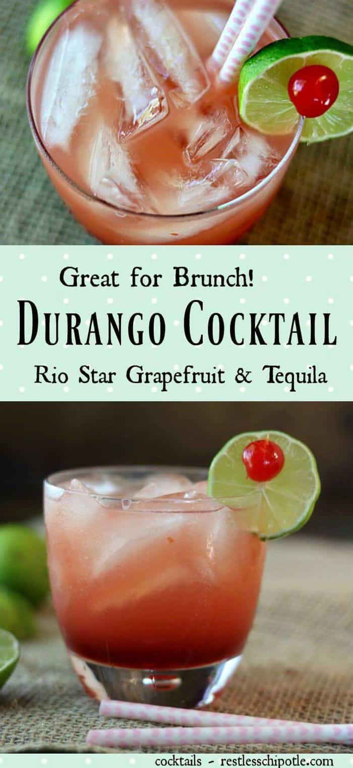 The Durango cocktail recipe is similar to a Paloma but with the addition of amaretto to smooth out the flavor. Reposado tequila and grapefruit cocktail that's unusual and delicious! Perfect brunch beverage! From RestlessChipotle.com