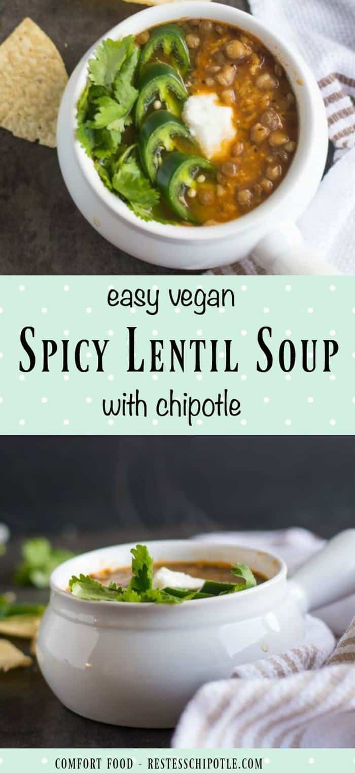 Spicy lentil soup is a great, budget friendly, vegan meal. From RestlessChipotle.com