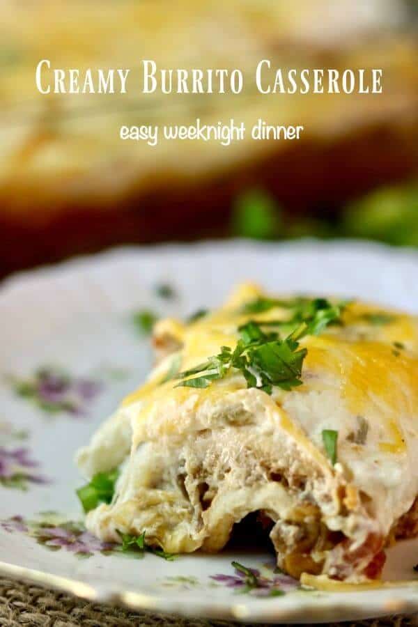 Creamy burrito casserole recipe is layered with beef, cheese, and refried beans. Perfect when you want Tex-Mex! You can even assemble it up to two days ahead and bake when needed! #mexican #creamy #groundbeef #layered #restlesschipotle