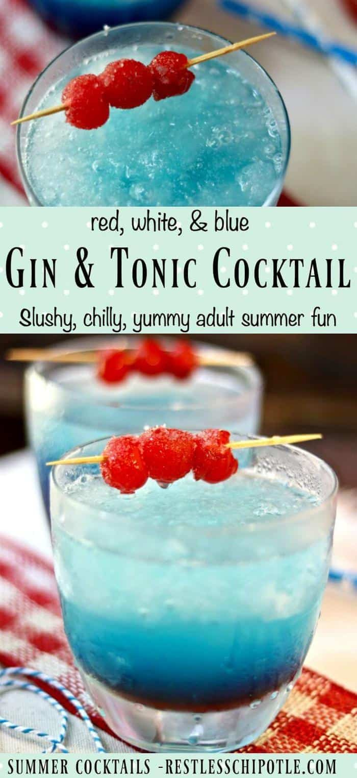Classic gin and tonic cocktail is updated with slushy red, white, and blue stripes for summer! From RestlessChipotle.com