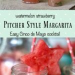 Pink margarita in a pitcher with a text overlay for Pinterest.