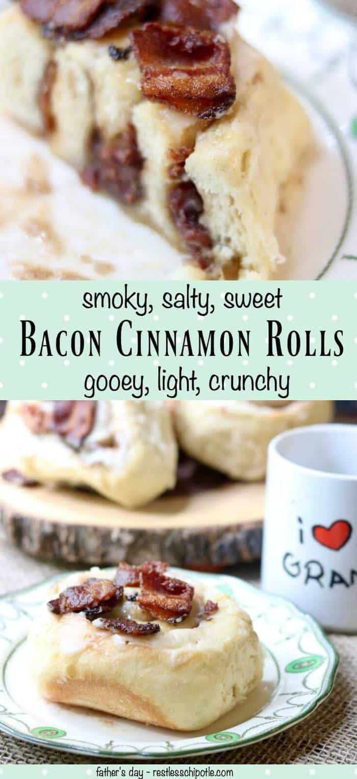 Bacon Cinnamon Rolls with a decadent bacon glaze are smoky-sweet-salty goodness for breakfast or brunch! Made from scratch, this recipe is one of my favorites! From RestlessChipotle.com