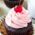 These chocolate cherry cupcakes start with rich, moist chocolate cupcakes. Then they're topped with maraschino frosting. Like a chocolate covered cherry in cupcake form!