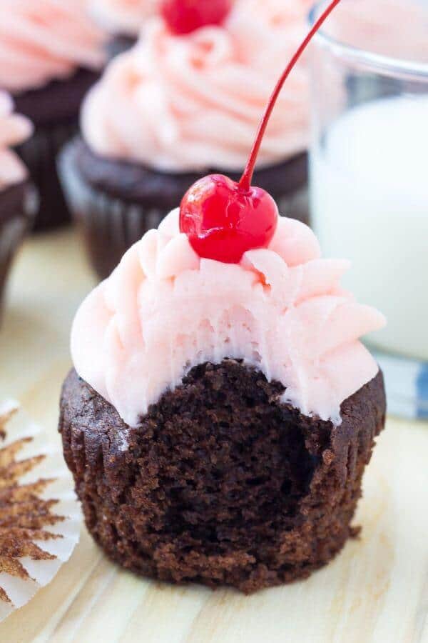 This chocolate cherry cupcakes recipe starts with rich, moist chocolate cupcakes. Then they're topped with maraschino frosting. Like a chocolate covered cherry in cupcake form!