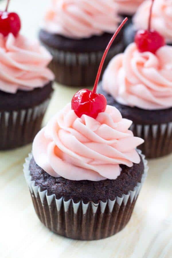 Chocolate cherry cupcakes recipe starts with a decadently rich, moist chocolate cupcakes. Then they're topped with maraschino frosting. Like a chocolate covered cherry in cupcake form!
