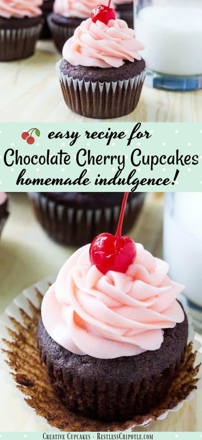 This indulgent chocolate cherry cupcakes recipe is for anyone who loves chocolate covered cherries! Moist chocolate cupcakes are topped with a decadent puff of creamy maraschino cherry buttercream frosting to create a pretty, homemade cupcake that no one can resist!