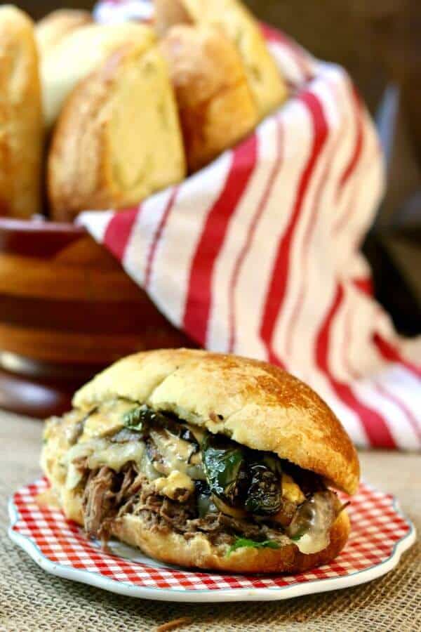 Beef sandwich with cheese and grilled poblano