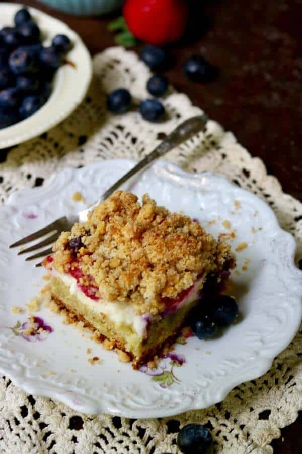 Closeup of the square of coffee cake showing the texture of the streusel.