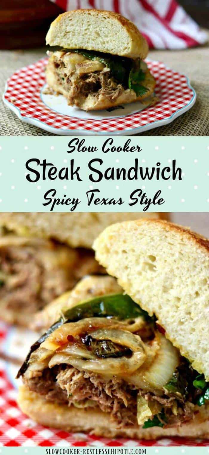 Slow cooker steak sandwiches are full of BIG Texas flavor from the cornmeal sandwich rolls to the chipotle aioli but the real star of this show is the beef! From RestlessChipotle.com