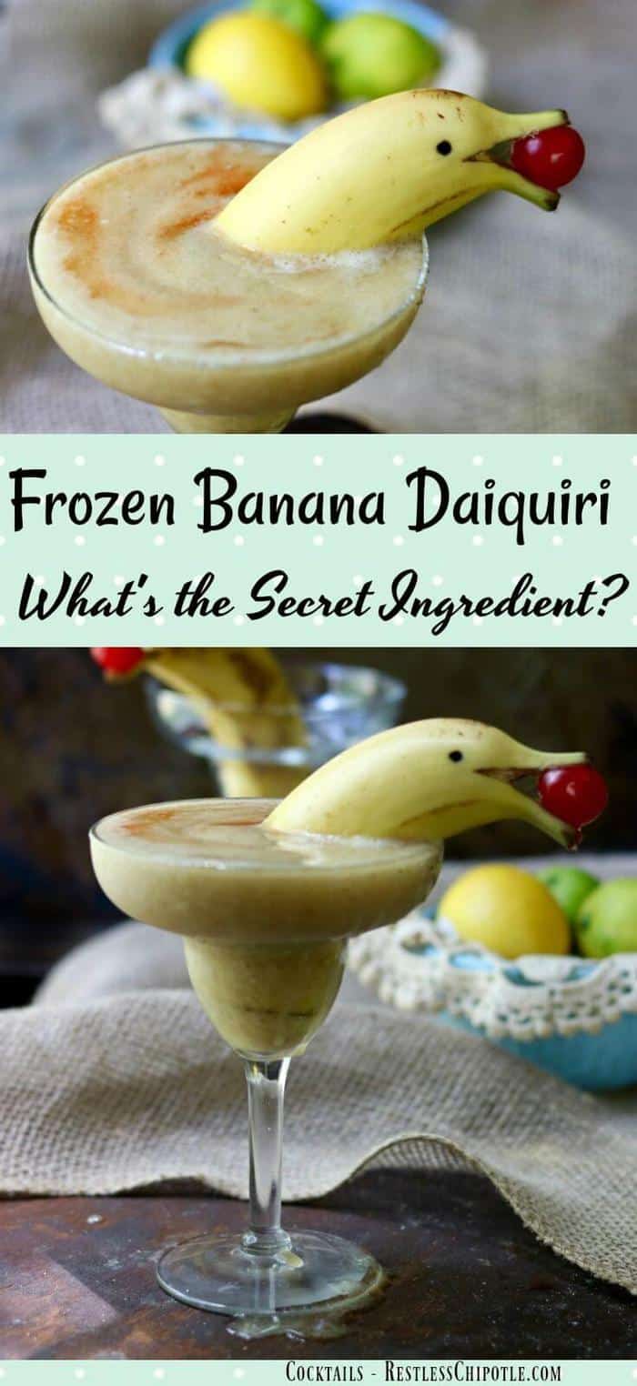 Frozen Banana Daiquiri is slushy sweet with a smooth, creamy texture and a fiery bite. The perfect summer rum cocktail to serve at your next pool party! If you love banana you've got to try this! from RestlessChipotle.com