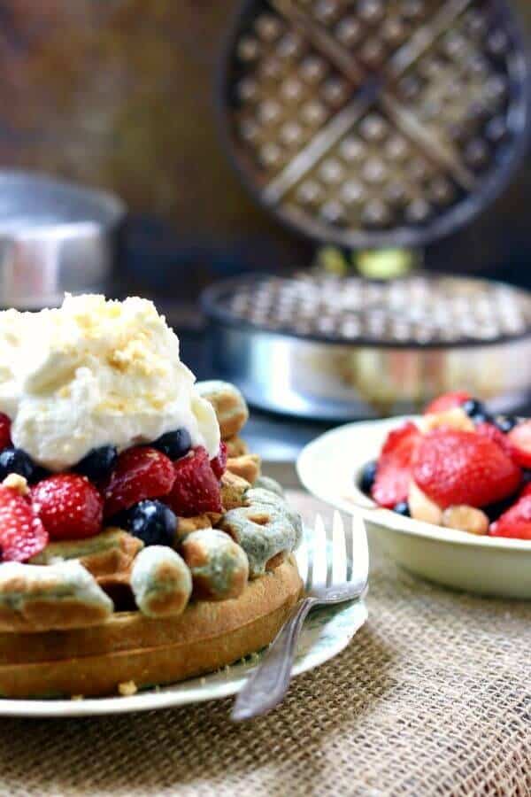 Easy blue cornmeal waffles are a unique addition to your country breakfast or brunch! From RestlessChipotle.com