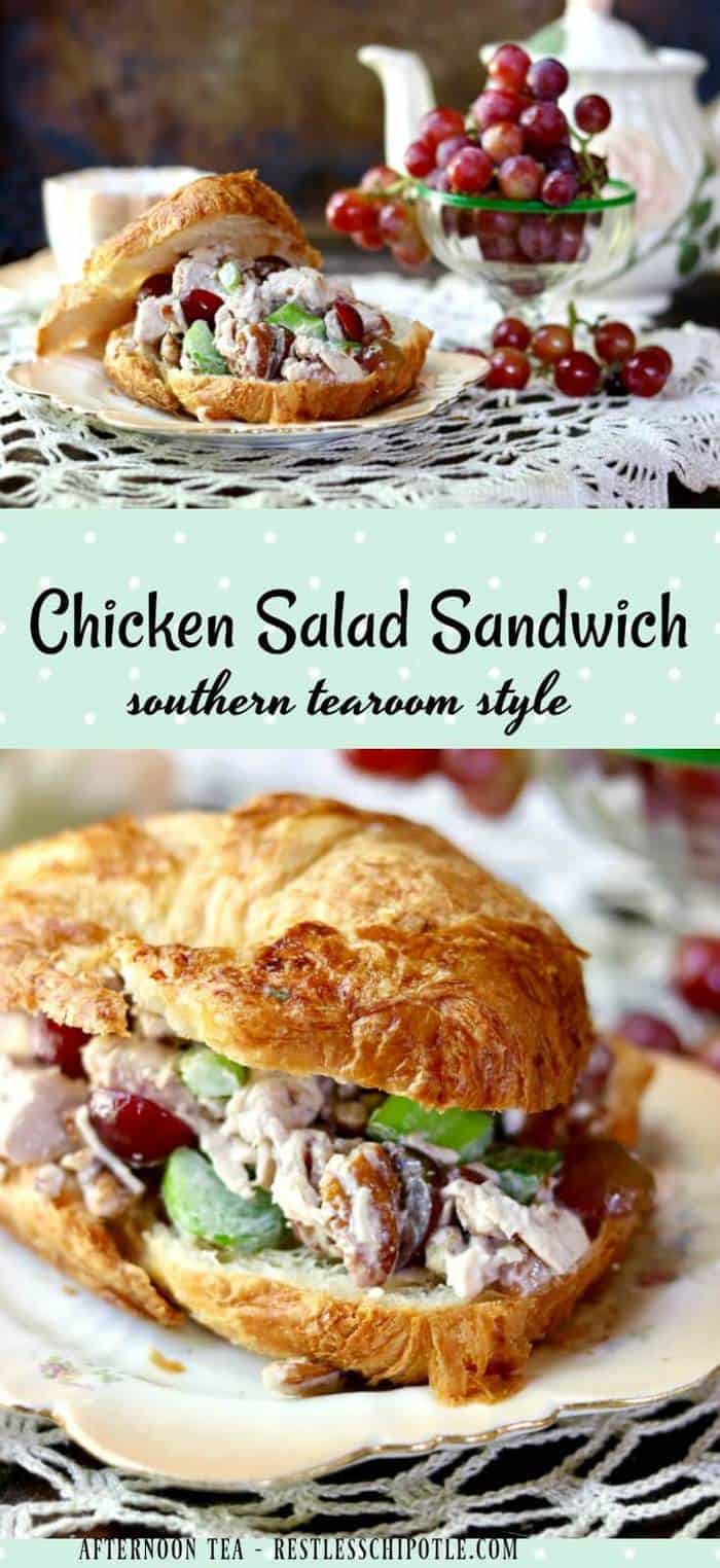 Best chicken salad sandwich recipe ever -with red grapes and toasted pecans. Made with cubed chicken breast - southern tearoom style. Perfect for croissants. From RestlessChipotle.com