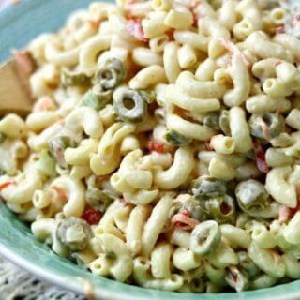 Close up of a bowl of macaroni salad for recipe card.