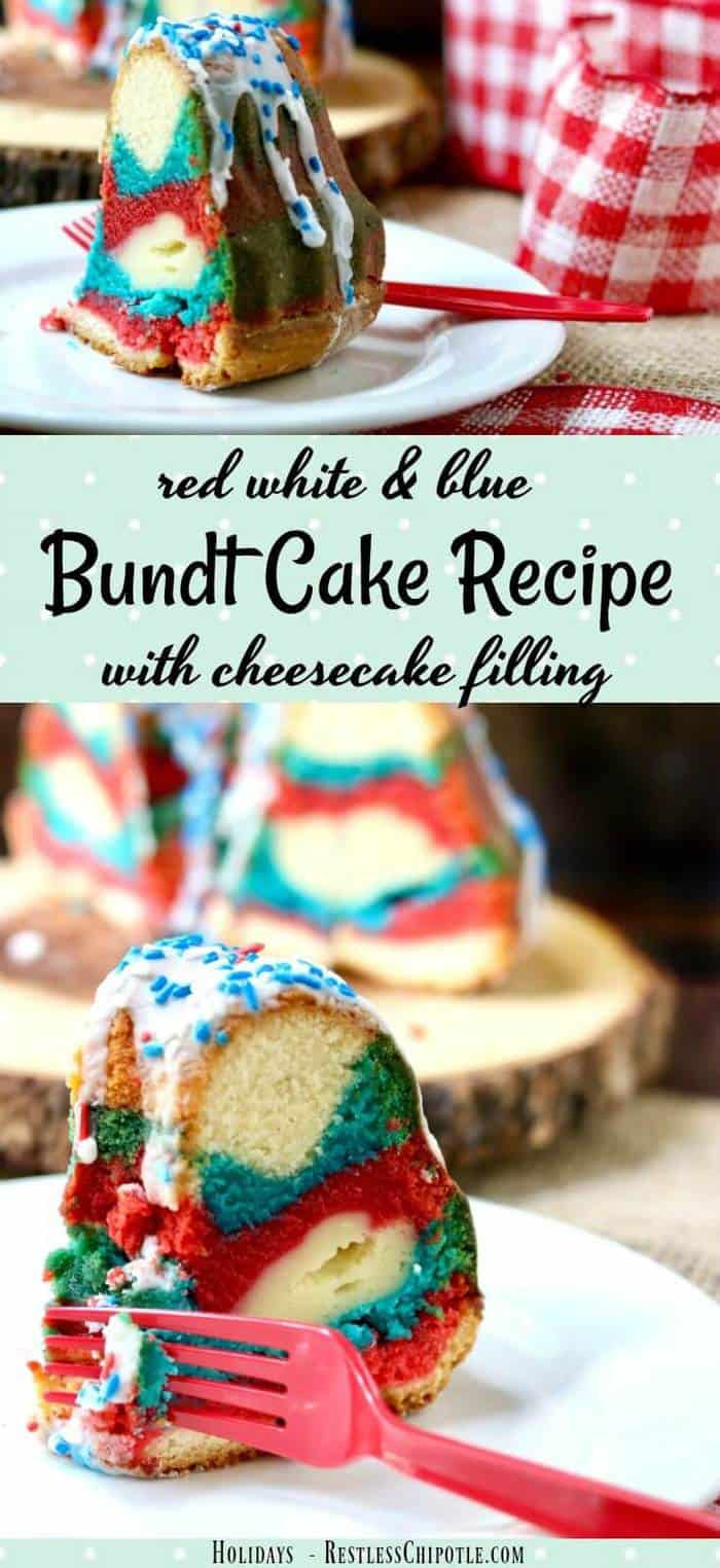Perfect for summer holidays, this tangy red white & blue bundt cake recipe is sweet and delicious with a tunnel of cheesecake filling right through the center. So easy and definitely memorable! From RestlessChipotle.com