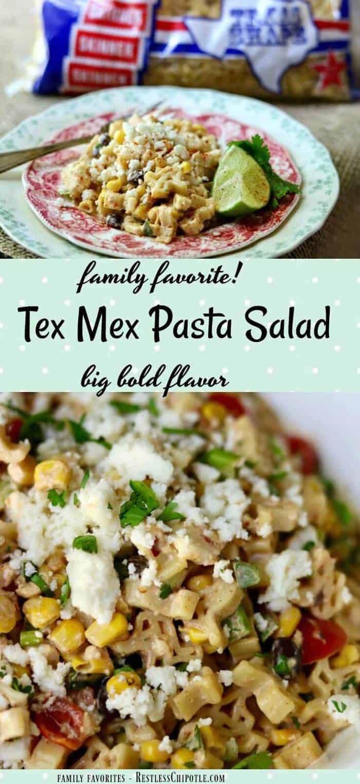 Quick and easy, this zesty Tex Mex pasta salad is the perfect side to grilled meats. Just right for potlucks and sharing with friends! From RestlessChipotle.com
