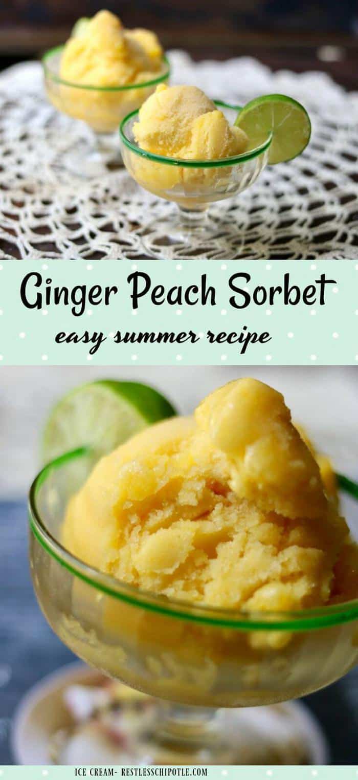 Fresh ginger peach sorbet recipe is unbelievably quick and easy to make! Juicy, ripe peach flavor gets a zing from the warm ginger and tangy lime. From RestlessChipotle.com