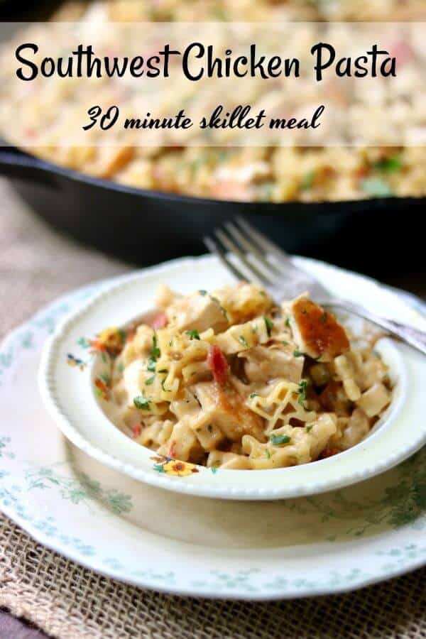 Southwest Chicken Pasta is a family favorite weeknight meal. Tender chicken in a cheesy, southwestern sauce is mixed with pasta and done in 30 minutes. From restlesschipotle.com