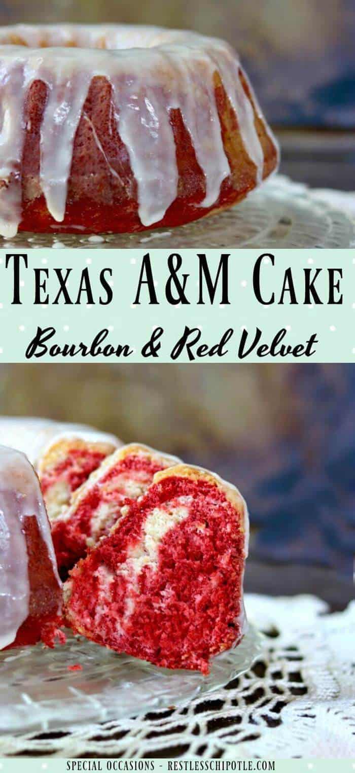 Texas A & M cake recipe is a swirl of red velvet and bourbon flavors covered with a thick, rich white chocolate glaze. This bundt cake is SO good anytime! From RestlessChipotle.com
