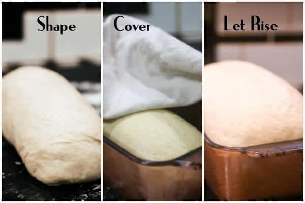 1:Shape the bread dough into a smooth loaf. 2: Cover and let rise until double. 3: Brush with butter and bake